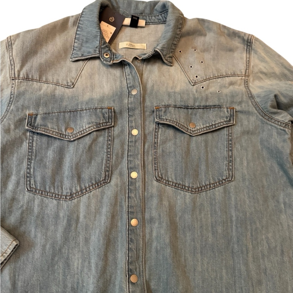 Universal Thread Denim  Button Down Shirt With Embroidered Star Pattern - Picture 3 of 9